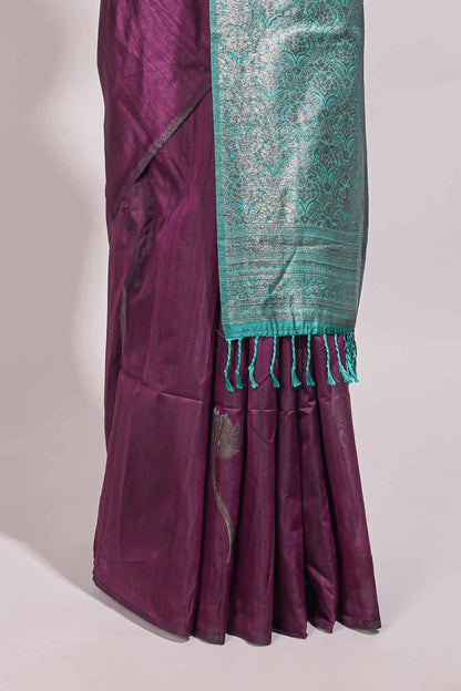 Borderless purple floral design semi tussar saree with contrast pallu and blouse