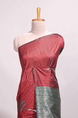 Borderless maroon floral design semi tussar saree with contrast pallu and blouse