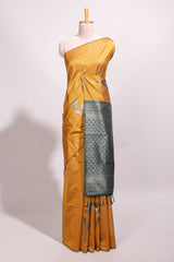 Borderless yellow floral design semi tussar saree with contrast pallu and blouse