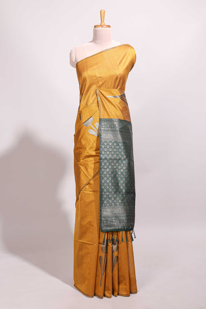 Borderless yellow floral design semi tussar saree with contrast pallu and blouse