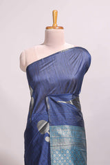 Borderless blue floral design semi tussar saree with contrast pallu and blouse
