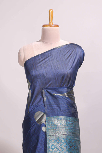 Borderless blue floral design semi tussar saree with contrast pallu and blouse
