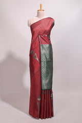 Borderless maroon floral design semi tussar saree with contrast pallu and blouse