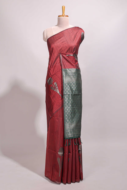 Borderless maroon floral design semi tussar saree with contrast pallu and blouse