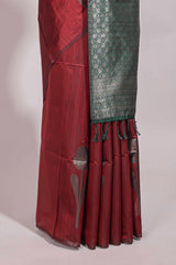 Borderless maroon floral design semi tussar saree with contrast pallu and blouse