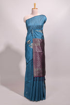 Borderless blue floral design semi tussar saree with contrast pallu and blouse