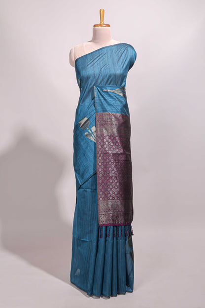 Borderless blue floral design semi tussar saree with contrast pallu and blouse