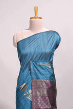 Borderless blue floral design semi tussar saree with contrast pallu and blouse