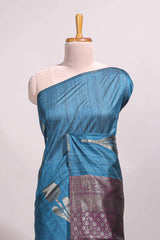 Borderless blue floral design semi tussar saree with contrast pallu and blouse