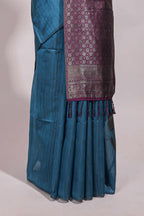 Borderless blue floral design semi tussar saree with contrast pallu and blouse