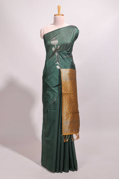 Borderless bottel green floral design semi tussar saree with contrast pallu and blouse