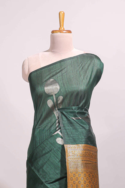 Borderless bottel green floral design semi tussar saree with contrast pallu and blouse
