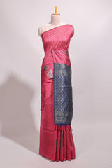 Borderless pink floral design semi tussar saree with contrast pallu and blouse