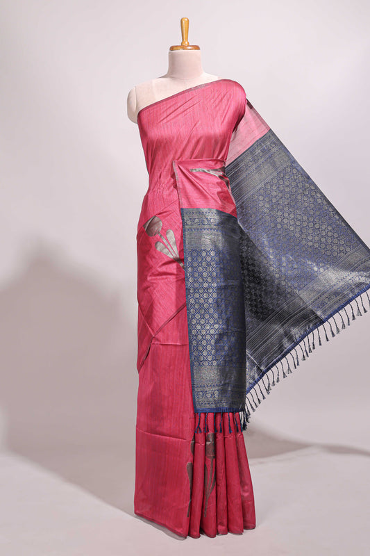Borderless pink floral design semi tussar saree with contrast pallu and blouse