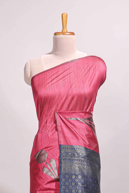Borderless pink floral design semi tussar saree with contrast pallu and blouse