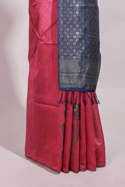 Borderless pink floral design semi tussar saree with contrast pallu and blouse