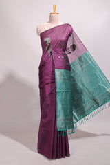 Borderless purple floral design semi tussar saree with contrast pallu and blouse