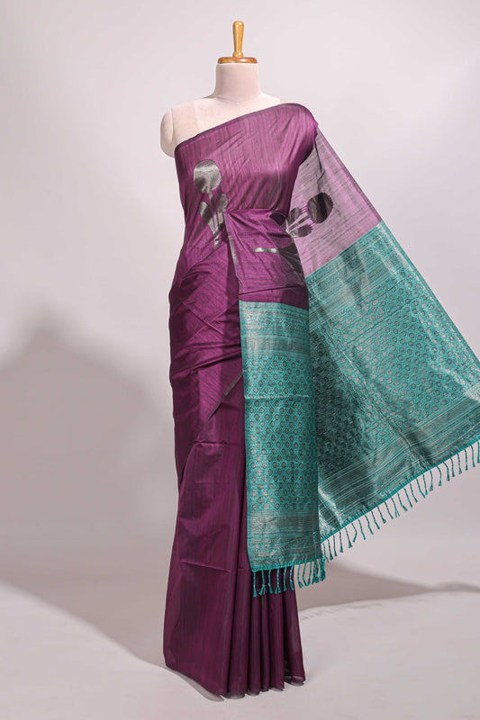 Borderless purple floral design semi tussar saree with contrast pallu and blouse