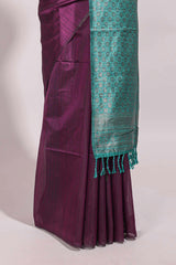 Borderless purple floral design semi tussar saree with contrast pallu and blouse
