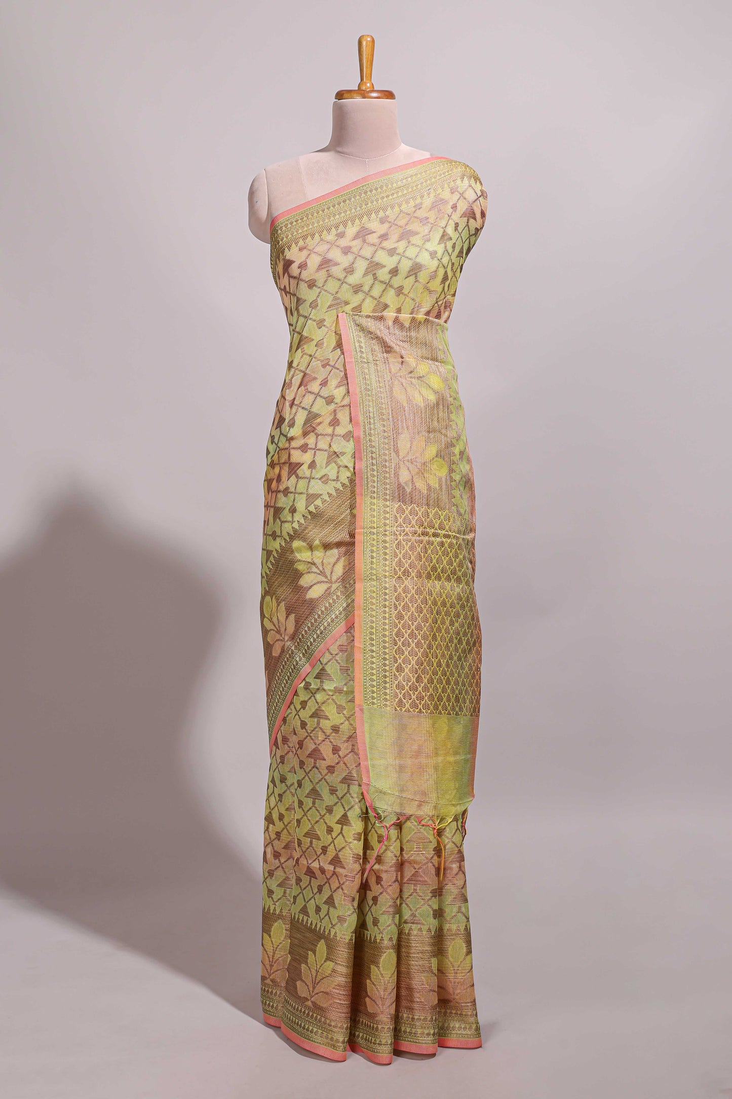 Multi color geometric design semi tussar saree with self border and printed blouse