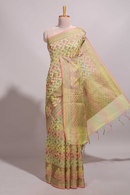 Multi color geometric design semi tussar saree with self border and printed blouse