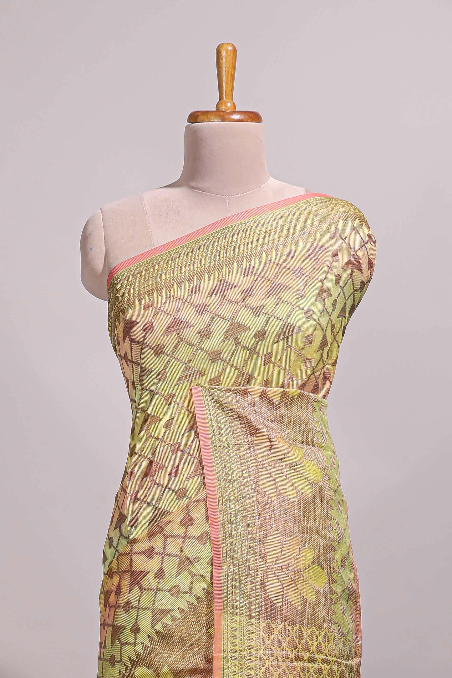 Multi color geometric design semi tussar saree with self border and printed blouse