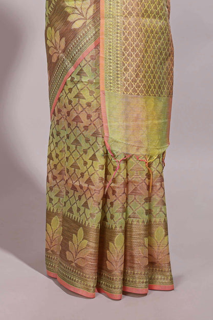 Multi color geometric design semi tussar saree with self border and printed blouse