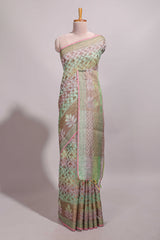 Multi color geometric design semi tussar saree with self border and printed blouse