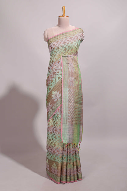 Multi color geometric design semi tussar saree with self border and printed blouse