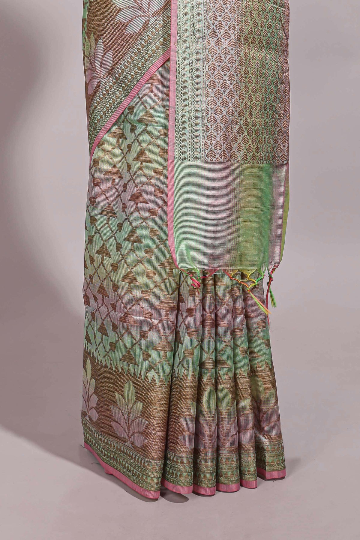 Multi color geometric design semi tussar saree with self border and printed blouse