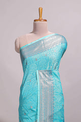 Blue jacquard floral zari motifs design semi tussar saree with self border and matching blouse