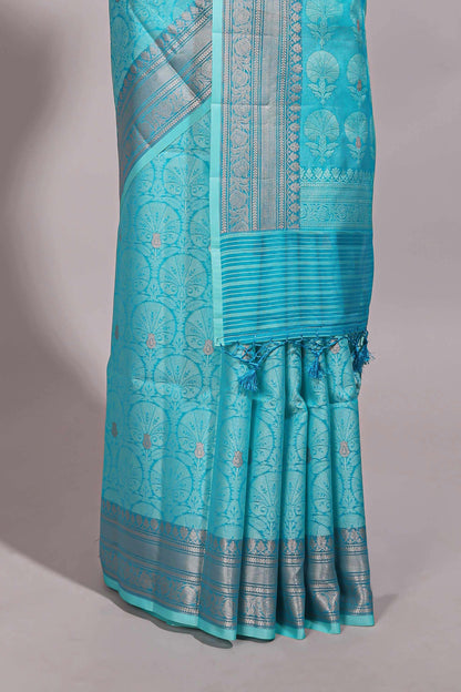 Blue jacquard floral zari motifs design semi tussar saree with self border and matching blouse
