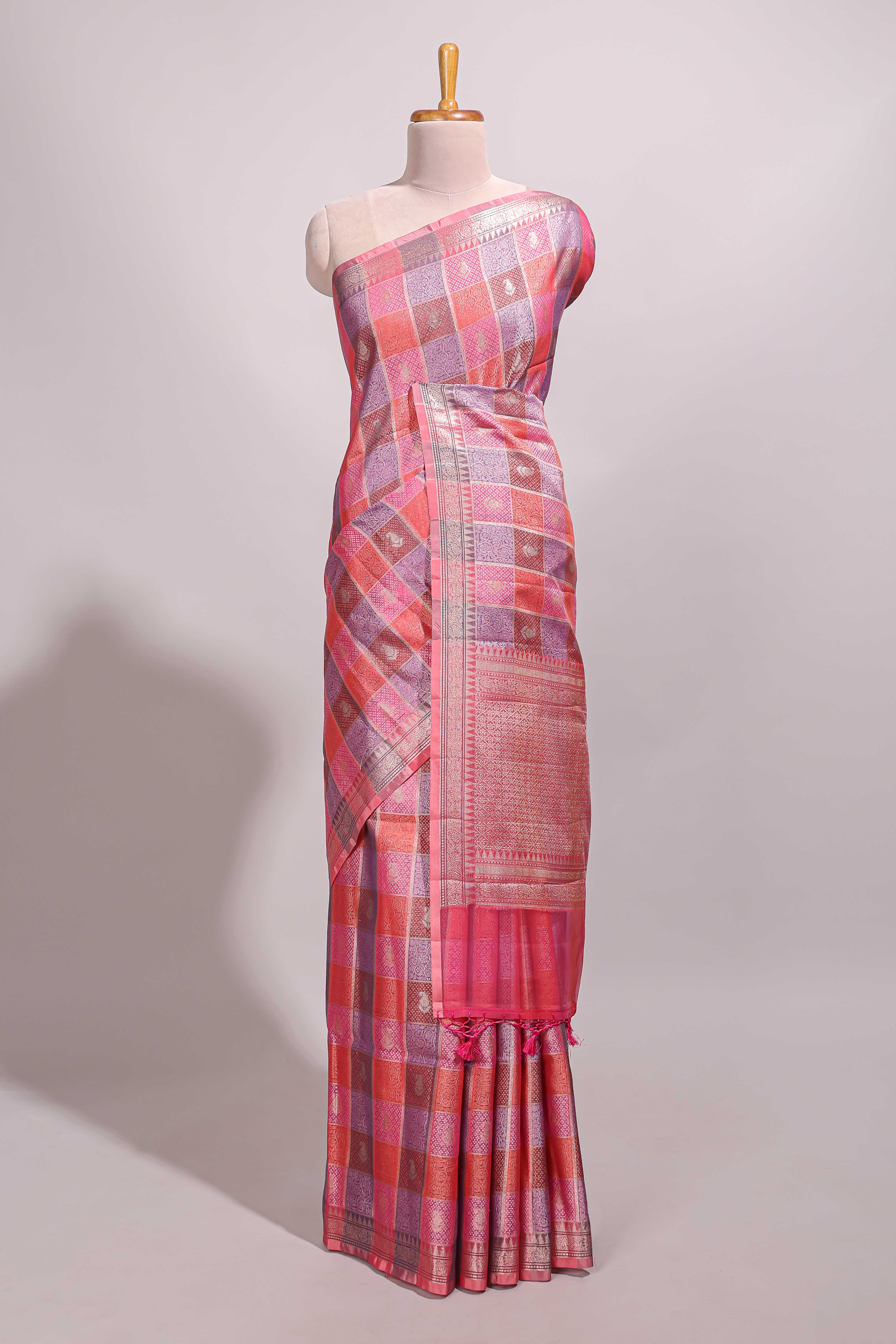 Multi color checked zari motifs design semi tussar saree with self border and matching blouse