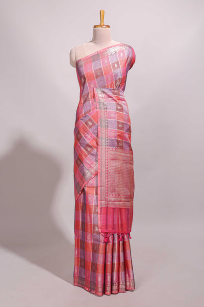 Multi color checked zari motifs design semi tussar saree with self border and matching blouse