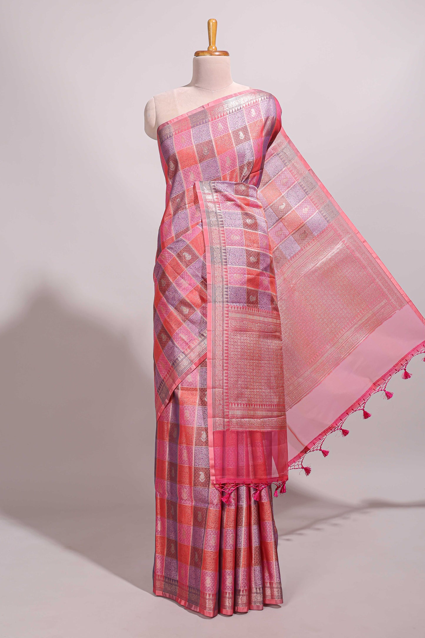 Multi color checked zari motifs design semi tussar saree with self border and matching blouse