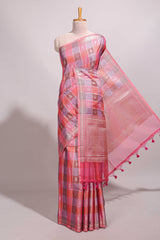 Multi color checked zari motifs design semi tussar saree with self border and matching blouse