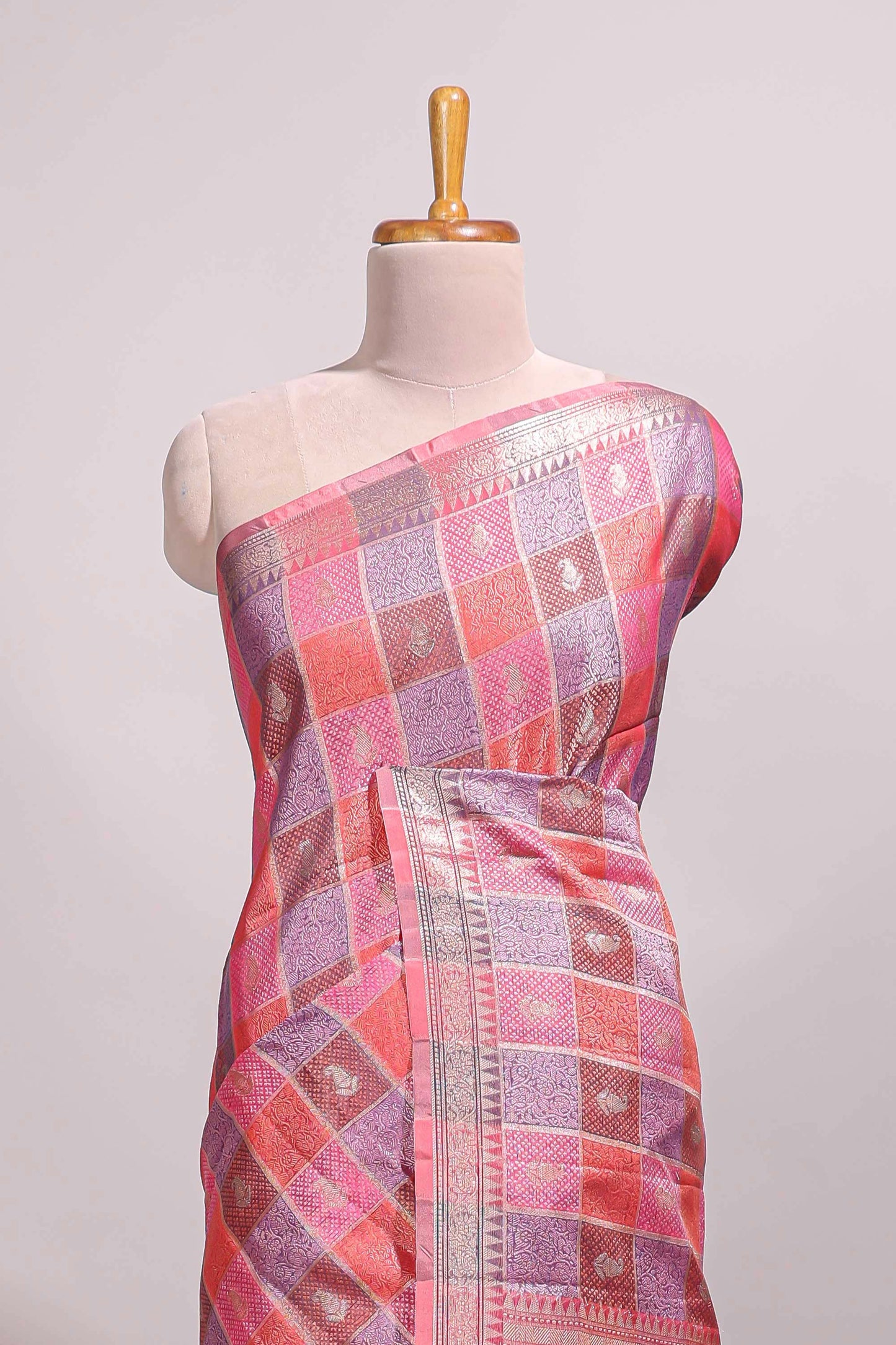 Multi color checked zari motifs design semi tussar saree with self border and matching blouse