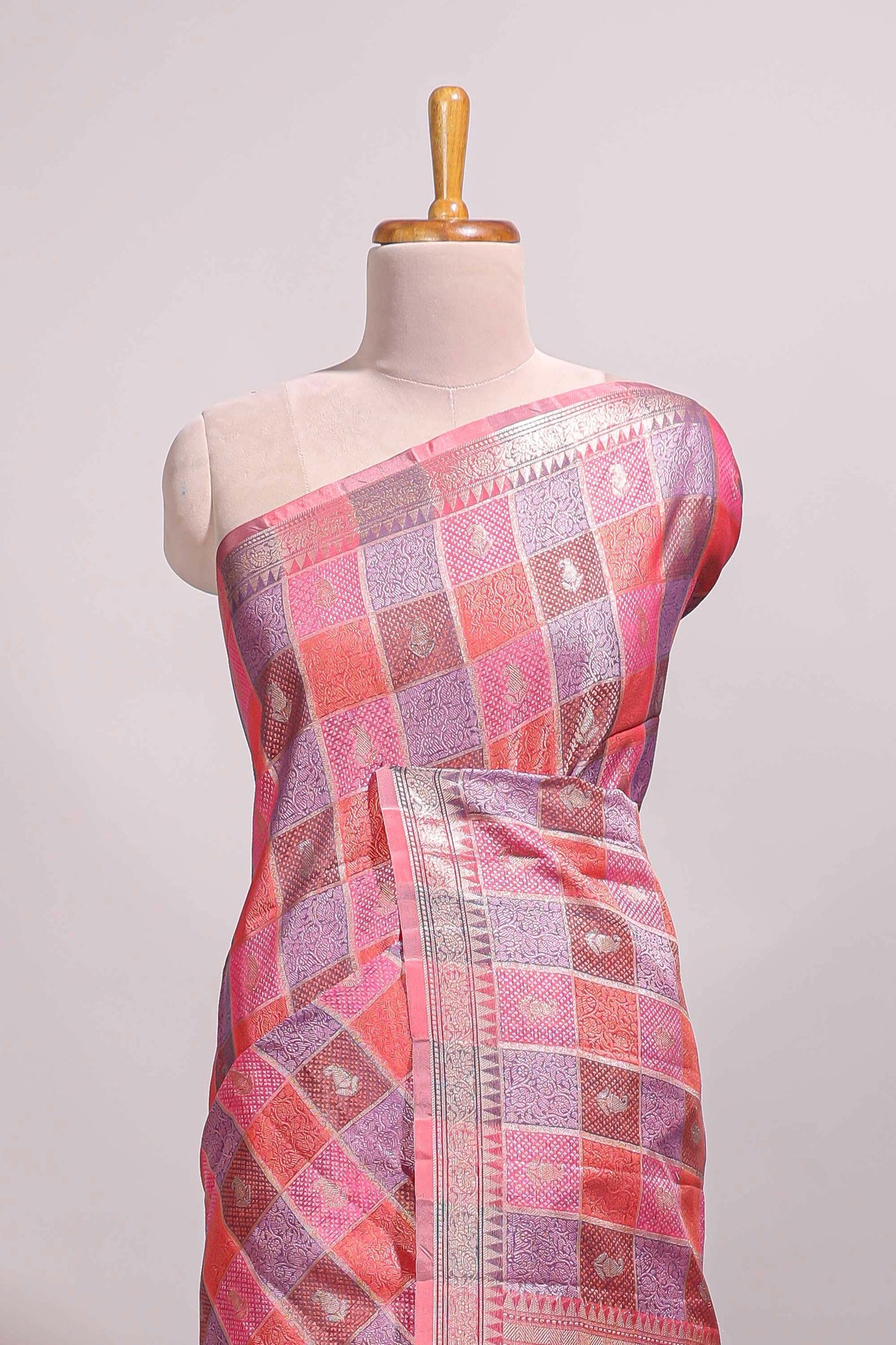 Multi color checked zari motifs design semi tussar saree with self border and matching blouse