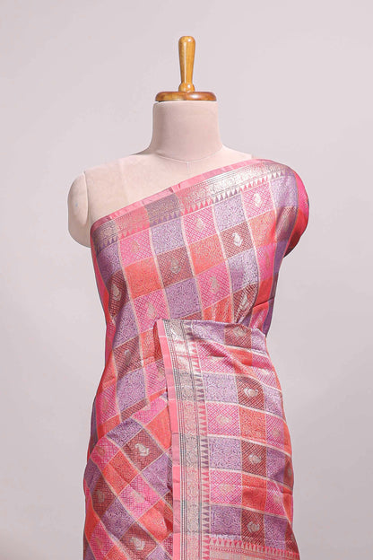 Multi color checked zari motifs design semi tussar saree with self border and matching blouse
