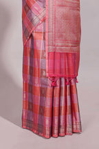 Multi color checked zari motifs design semi tussar saree with self border and matching blouse