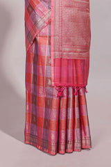 Multi color checked zari motifs design semi tussar saree with self border and matching blouse