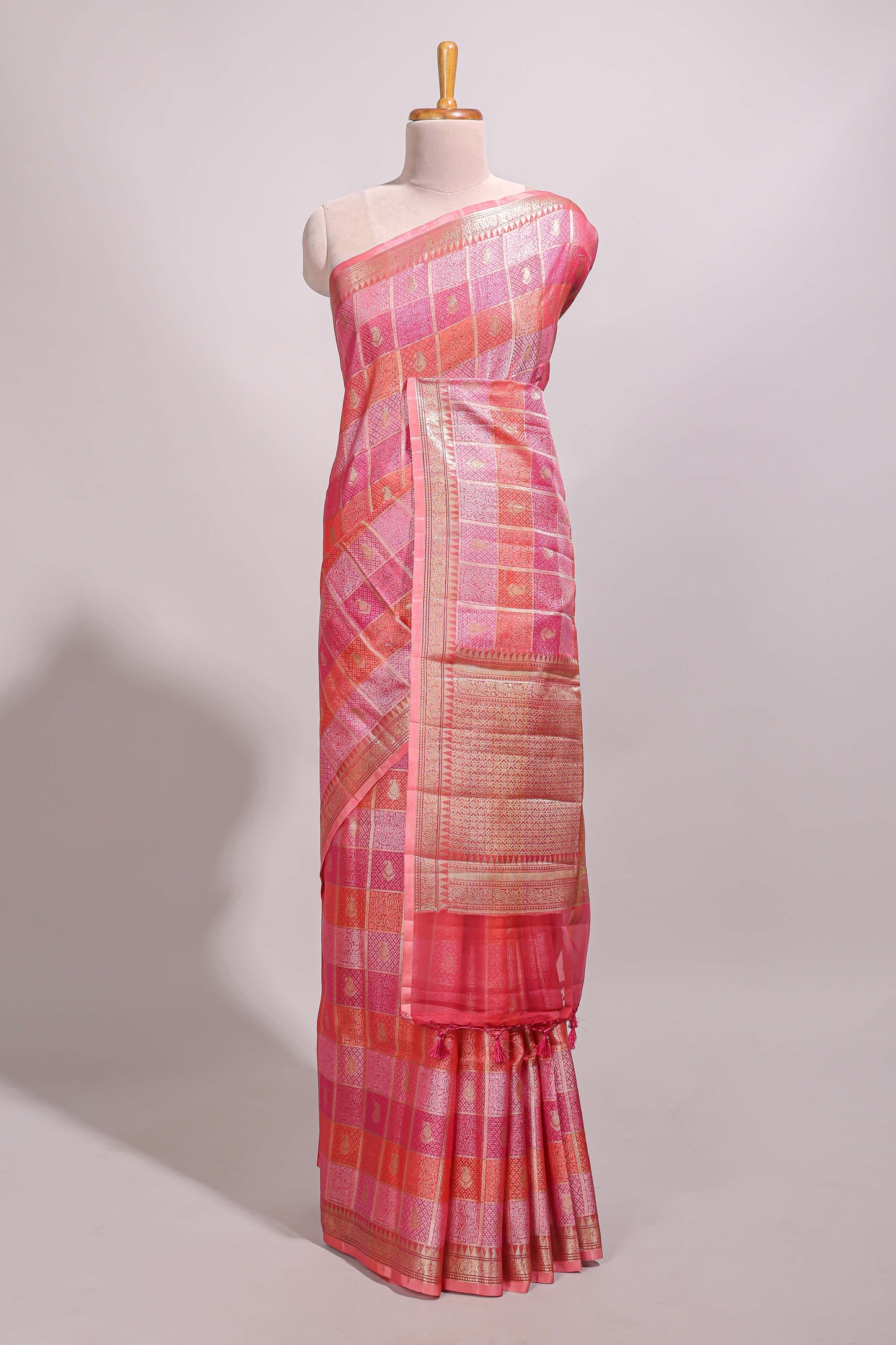 Multi color checked zari motifs design semi tussar saree with self border and matching blouse