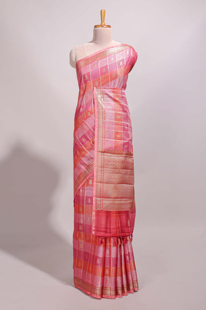 Multi color checked zari motifs design semi tussar saree with self border and matching blouse