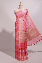 Multi color checked zari motifs design semi tussar saree with self border and matching blouse