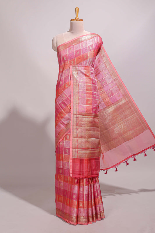 Multi color checked zari motifs design semi tussar saree with self border and matching blouse