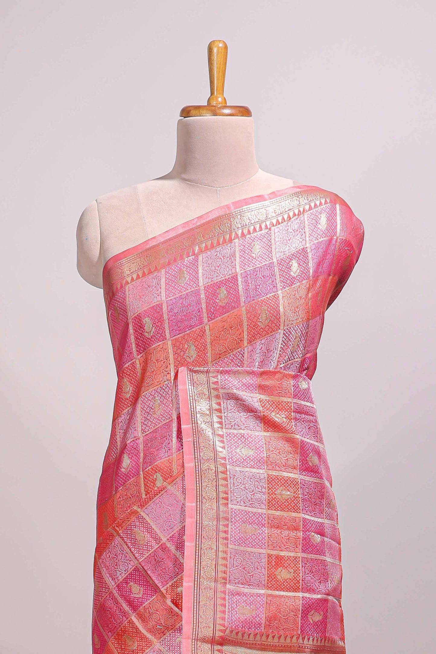 Multi color checked zari motifs design semi tussar saree with self border and matching blouse