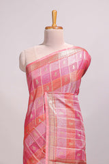 Multi color checked zari motifs design semi tussar saree with self border and matching blouse