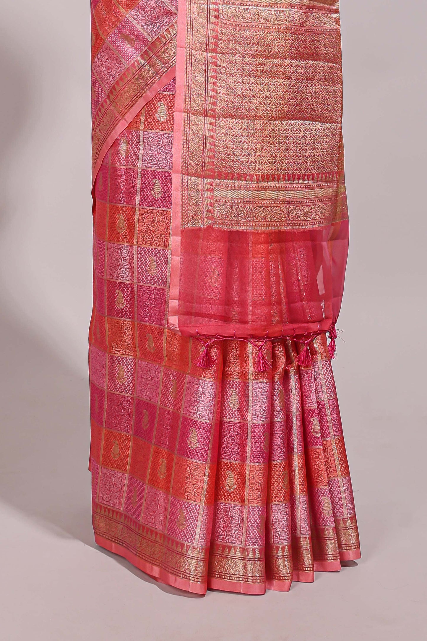 Multi color checked zari motifs design semi tussar saree with self border and matching blouse