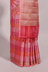 Multi color checked zari motifs design semi tussar saree with self border and matching blouse