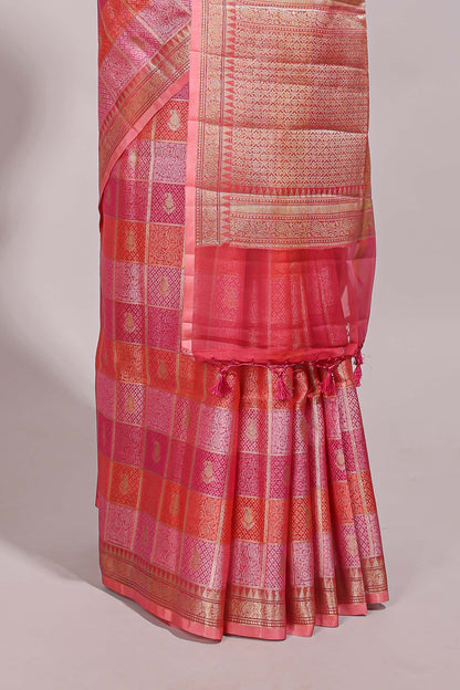 Multi color checked zari motifs design semi tussar saree with self border and matching blouse